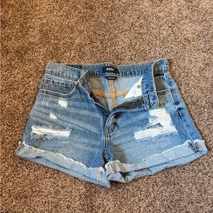 High-Rise Distressed Denim Shorts - Light Blue